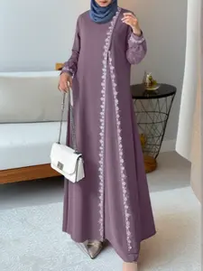Elegant Women's Long Sleeve Lace Dress, Fashion Round Neck Loose Fit Maxi Dress, Plain Color Casual Dress for All Seasons, Modest Dress, Long Sleeve Dresses, Muslim Dress, Muslim Evening Dress, Muslim Women Gowns