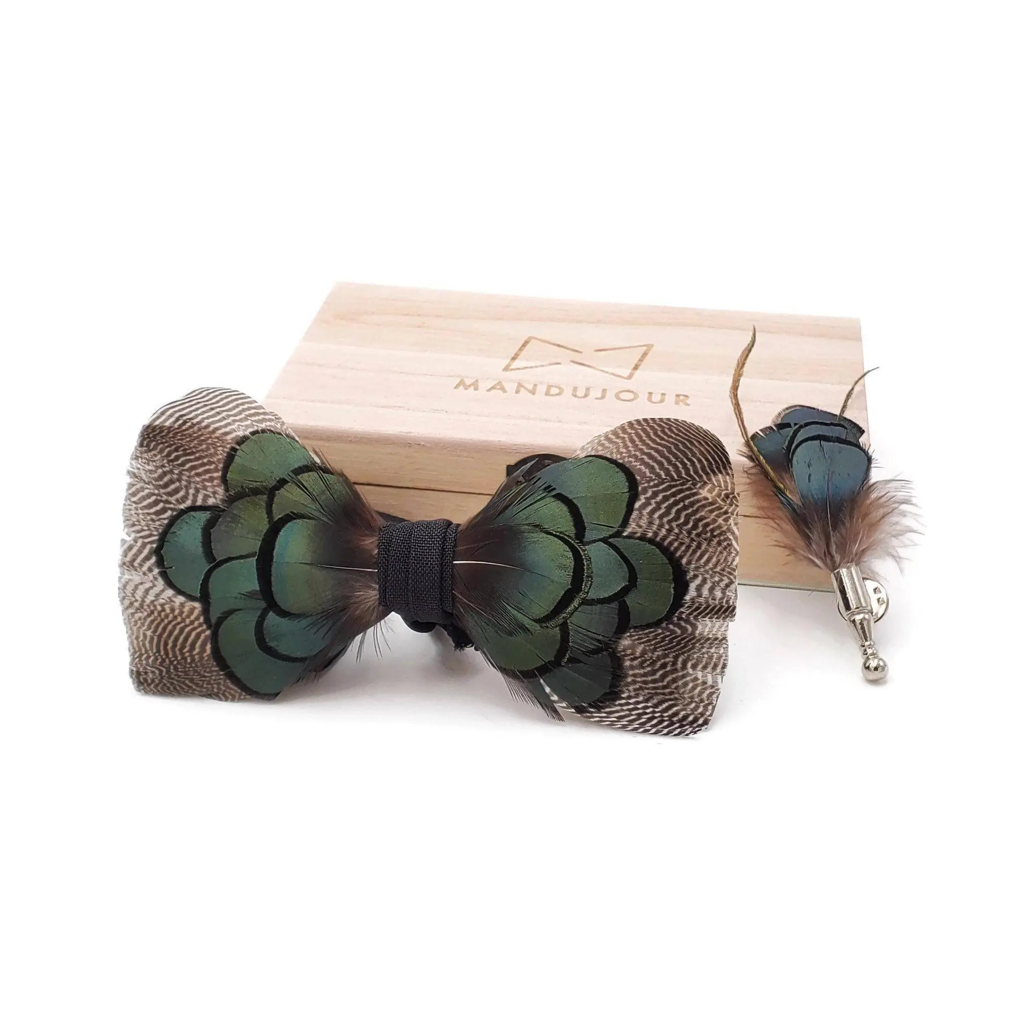 Pheasant and Turkey Feather Bow Tie  with Feather Lapel Pin Set
