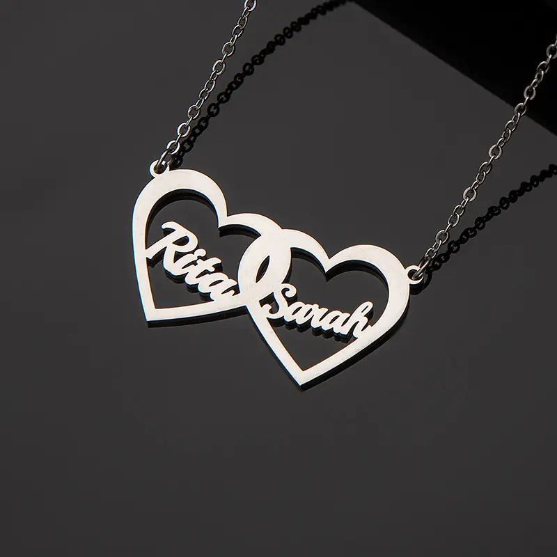 AS046 Customized Stainless Steel Name Chain Necklace - Simple Cut Couples Pendant, Personalized Gift Accessory, Couples Necklace, Chain Necklace Two Hearts