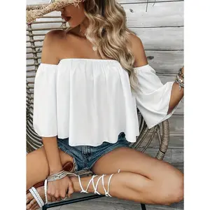 Women’s Off-Shoulder Ruffle-Hem Blouse – Elegant Solid-Color Strapless Top, Polyester Blend – Spring/Summer/Fall Collection – For Women – Perfect for Casual & Formal Occasions – Ideal Gift for Birthdays & Holidays
