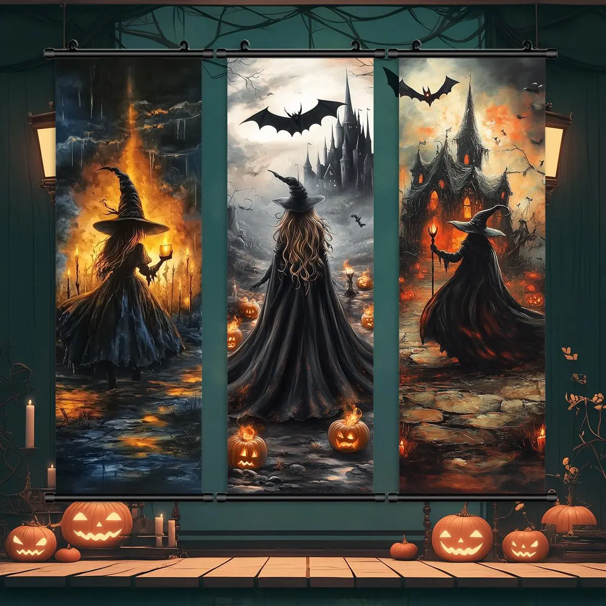 Witch Themed Hanging Banner, Backdrop Banner, 3 Counts/set Scary Pattern Wall Art, Wall Decor for Home Living Room Bedroom, Vanity Decor Accessories