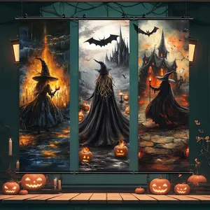 Witch Themed Hanging Banner, Backdrop Banner, 3 Counts/set Scary Pattern Wall Art, Wall Decor for Home Living Room Bedroom, Vanity Decor Accessories