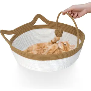 Cotton Rope Woven Cat Bed, Pet Sleeping Bed with a Playing Rope Ball, Foldable Sleeping Basket for Cats, Puppies, Rabbits and Small Pets (Large, Brown & Beige)
