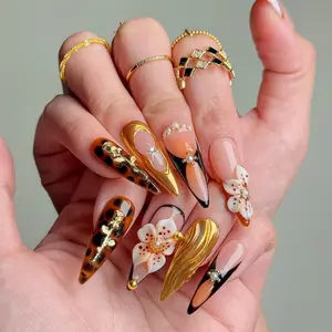 Luxury Press On Nails Tortoise Leopard 3D Floral Gold Chrome