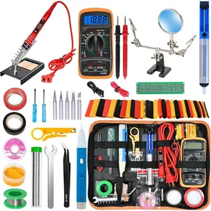 Soldering Iron Kit, 60W Adjustable Temperature, Digital Multimeter, 5pcs Soldering Tips, Wire, Stand, Desoldering Pump, Solder Wick, Tweezers, Welding Tool