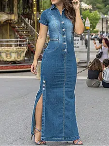 Women's Minimalist  Button Split Hem Dark Wash Denim Dress, Casual Short Sleeve Collared Long Denim Dress for Summer, Ladies Clothes for Daily Wear, Button Up Dress