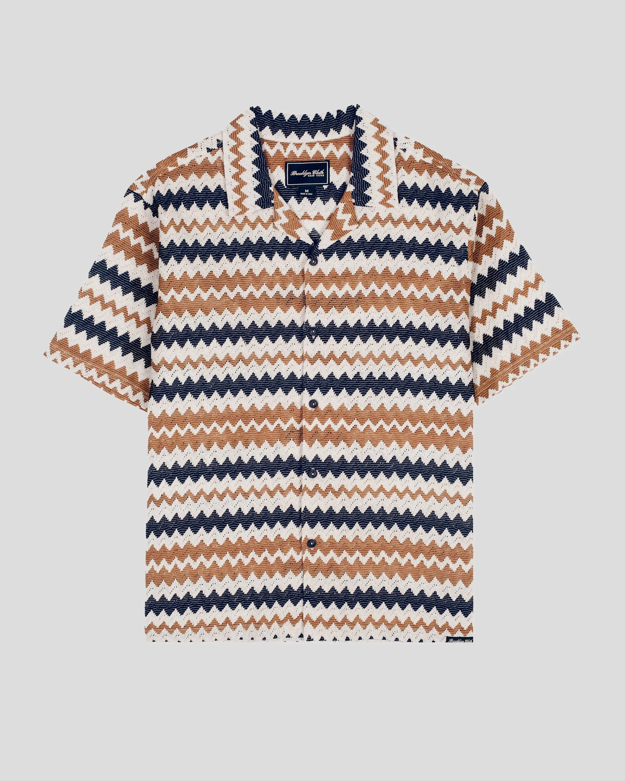 Brooklyn Cloth Zig Zag Jacquard Camp Shirt for Men, Retro Textured Short Sleeve Button Up Shirt with Camp Collar, Relaxed Fit, Straight Hem, Casual Vacation and Streetwear Style