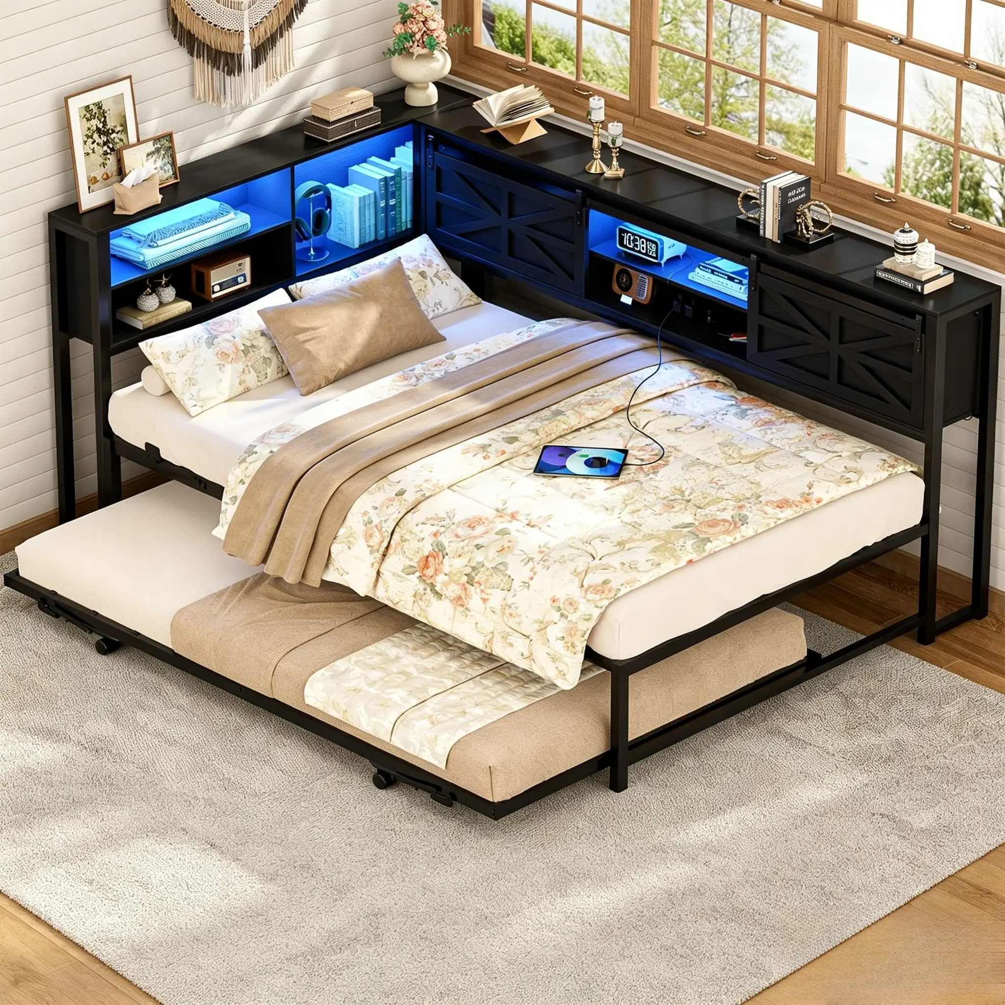 Homieasy Corner Bed Frame with LED & Charging Station, Reversible Metal Twin Daybed with Trundle, Farmhouse Platform Bed Frame with Bookcase Storage for Bedroom, Living Room