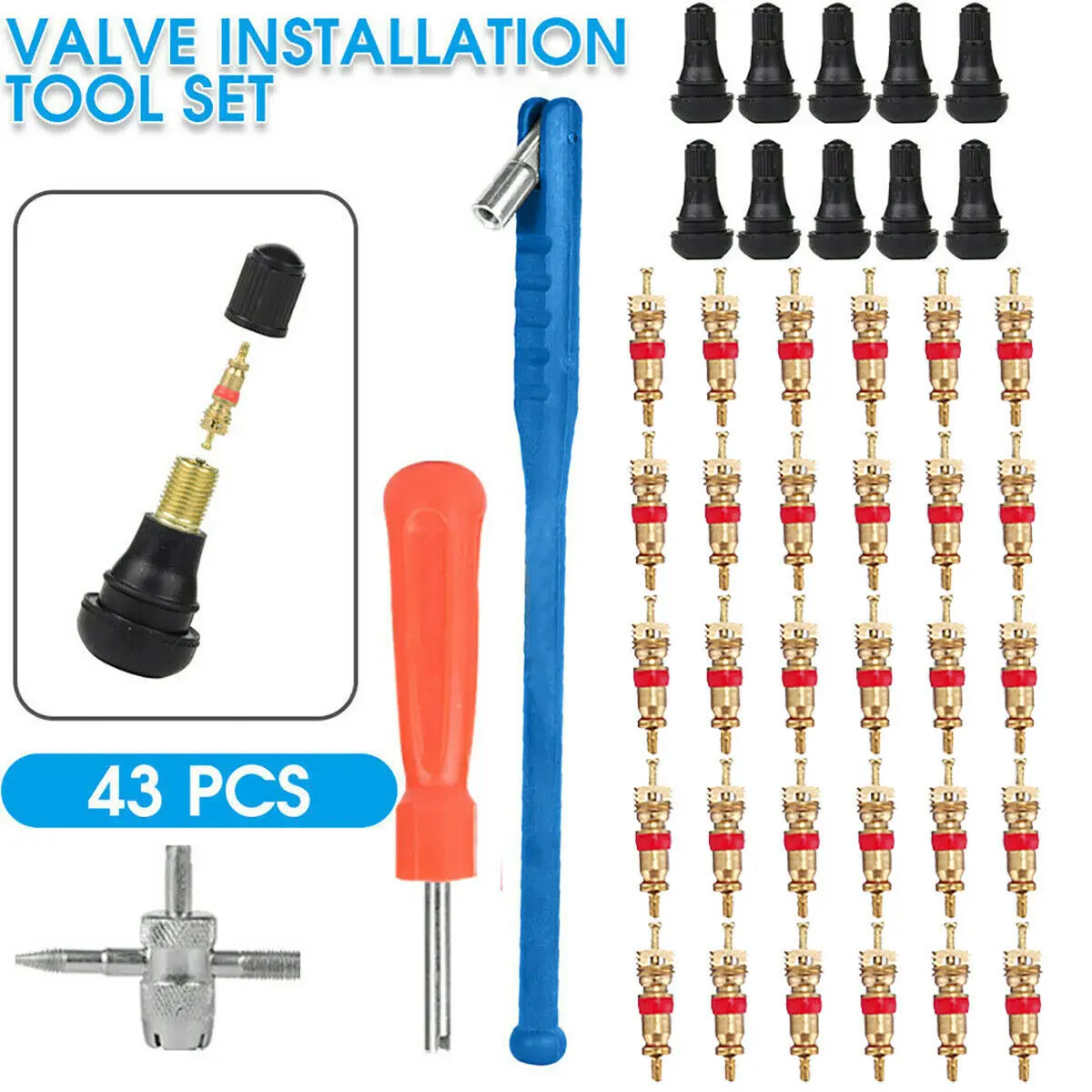 43PCS Tire Repair Kit with Durable Plastic Handle - Tire Repair Tools for Automotive, Motorcycle, Off-Road Vehicles, Including 0.453" Valve Stem Puller-Installer, Short Rubber Valve Core Remover for Installing