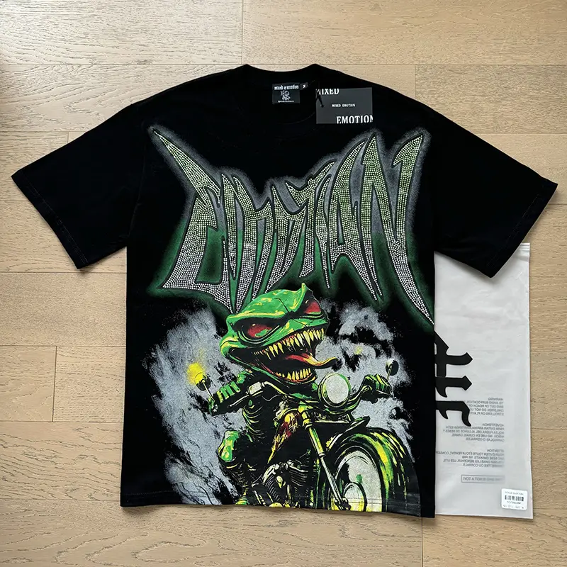 MIXED EMOTION Rhinestone Biker Monster Graphic Tee 240g Heavyweight Black Green Y2K Streetwear Mens Standard Fit