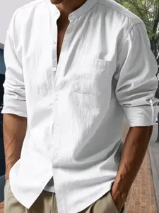 Men's plain cotton button-down shirt, summer casual regular-fit long sleeves breathable Linen Henry collar top, minimalist basic men's shirt, casual outerwear, summer men's shirt, streetwear men's summer clothing, men's clothing, Classic, gift for father