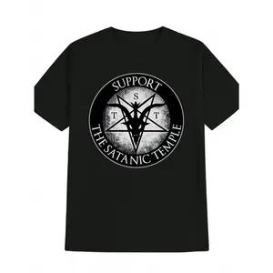 Men's Occult Short-Sleeve T-Shirt - Black Goat Head & Pentagram Print, "Support The Satanic Temple" Text, l Round Neck Menswear Streetwear Top - Machine Washable, Edgy Look, Comfortable Fit, Alternative Boyfriend Tee