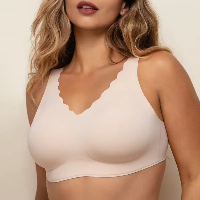 COMFELIE Size S-2XL Women's Seamless Bras, No Underwire Scalloped Bras Soft V Neck Full Coverage Everyday Bra EB033