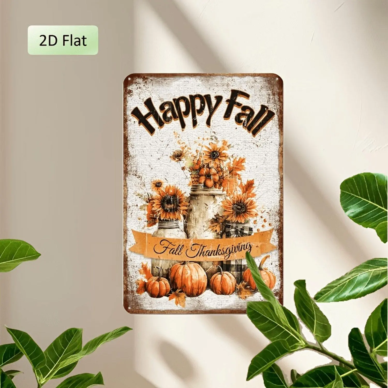 1pc Fall Sunflower Pumpkin Metal Tin Happy Fall Thanksgiving Autumn Vase Thanksgiving Day Tin Art Poster Prints for Home Cafe Housewarming Gift Rustic Decorative Wall Art