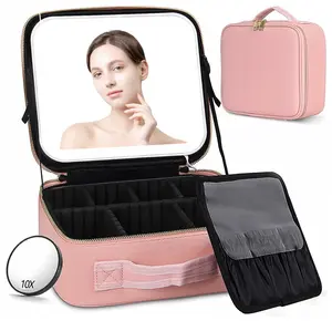 Travel Makeup Bag with Mirror & Light | Portable Cosmetic Organizer with Adjustable Dividers and Brush Storage