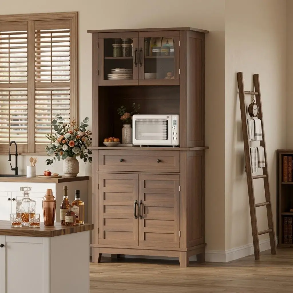Garvee 72" Wooden Kitchen Pantry Storage Cabinet - Single Unit with 2 Glass Locking Doors, Drawers, Sturdy Base & Buffet Hutch for Kitchen, Dining Room