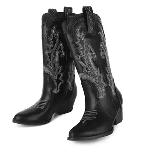Women's mid calf denim boots embroidered with thick heel and pointed toe, comfortable to wear design, durable PU fabric