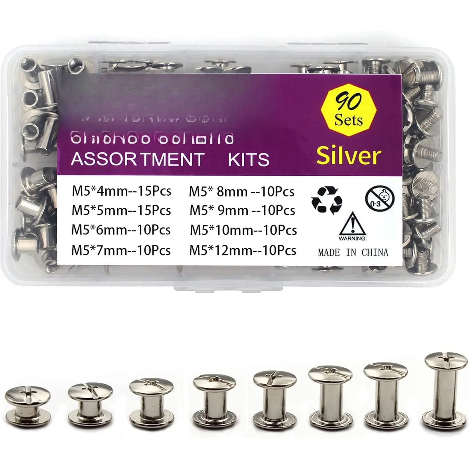 Chicago Screws Leather Rivets Assorted ,8 Sizes of Screw Rivets Chicago Screws for Decorate and Repair Leather Craft Belt Bag Shoes Purse Bookbinding (M5*4,5,6,7,8,9,10,12)