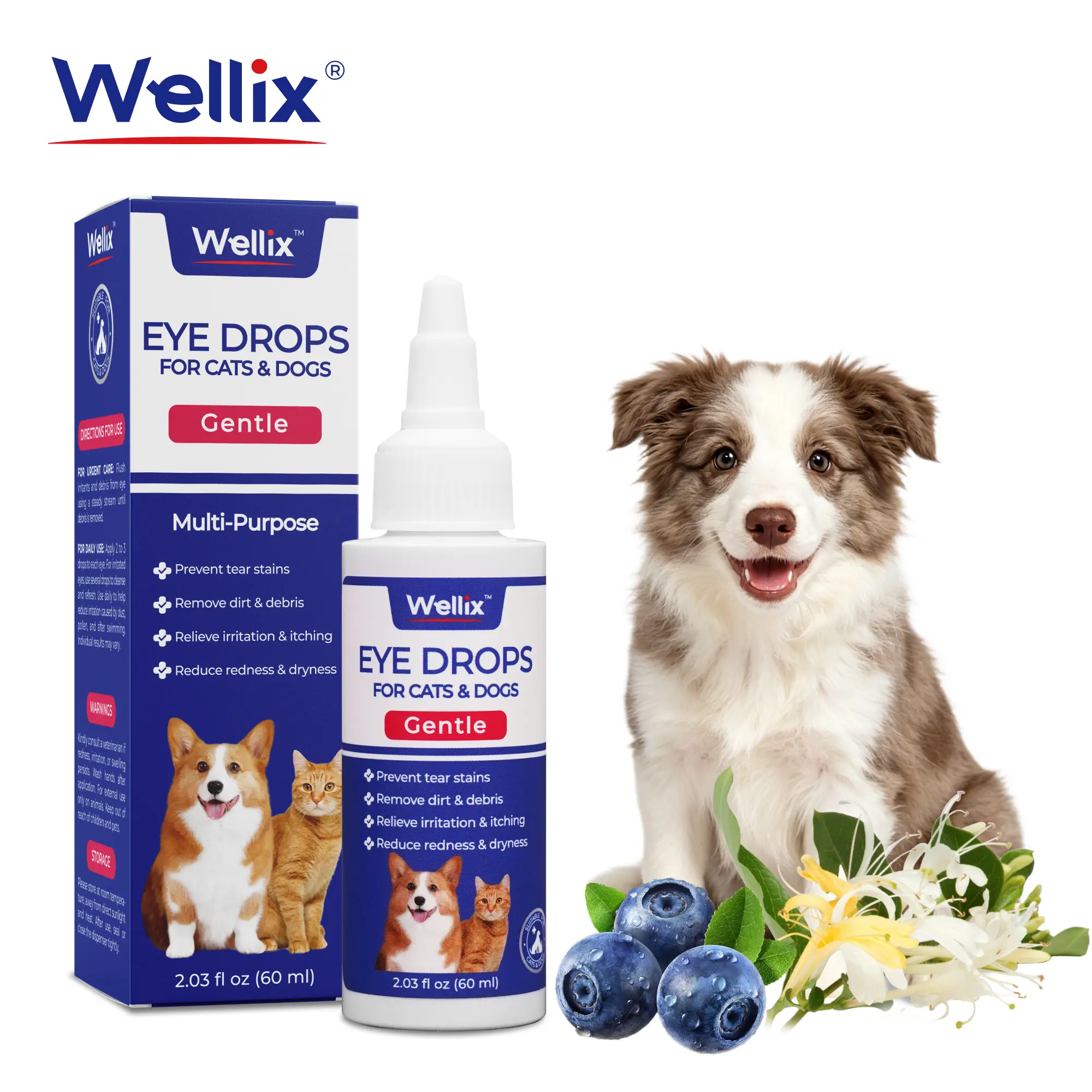 Wellix PET Hypoallergenic Eye Care Drops for Dogs & Cats, 60ml Infection Treatment - Soothes Dry/Pink Eyes, Tear Stain Cleaner, Free Toy Bonus