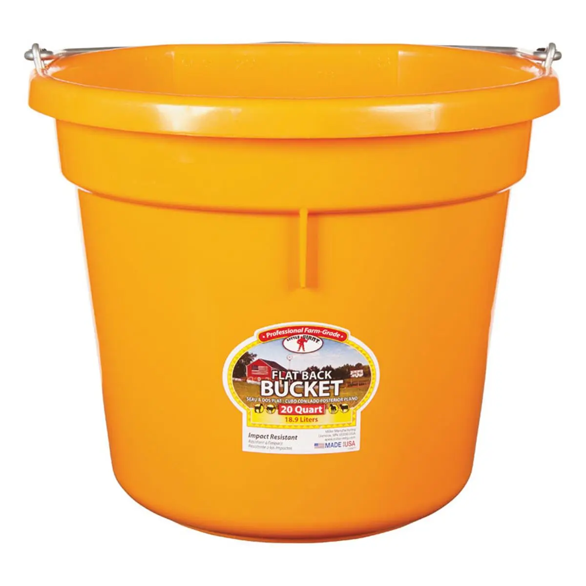 Little Giant Orange 20 qt. Round Bucket with Plastic Handle, 8-1/2" Height, 11.5" Diameter, 1-Piece Durable Construction, Flat Back, Ideal for Ranch Use, Home Care Supplies