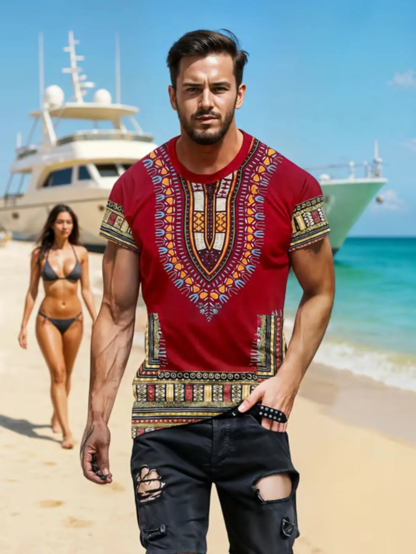 Men's African Traditional Cultural Style Dashiki Tropical Print Short Sleeve T-Shirt, Casual Tee Shirt, Menswear, Patterned Polyester Fabric with Fitted Cut, Ideal for Summer Festivals and Casual Wear