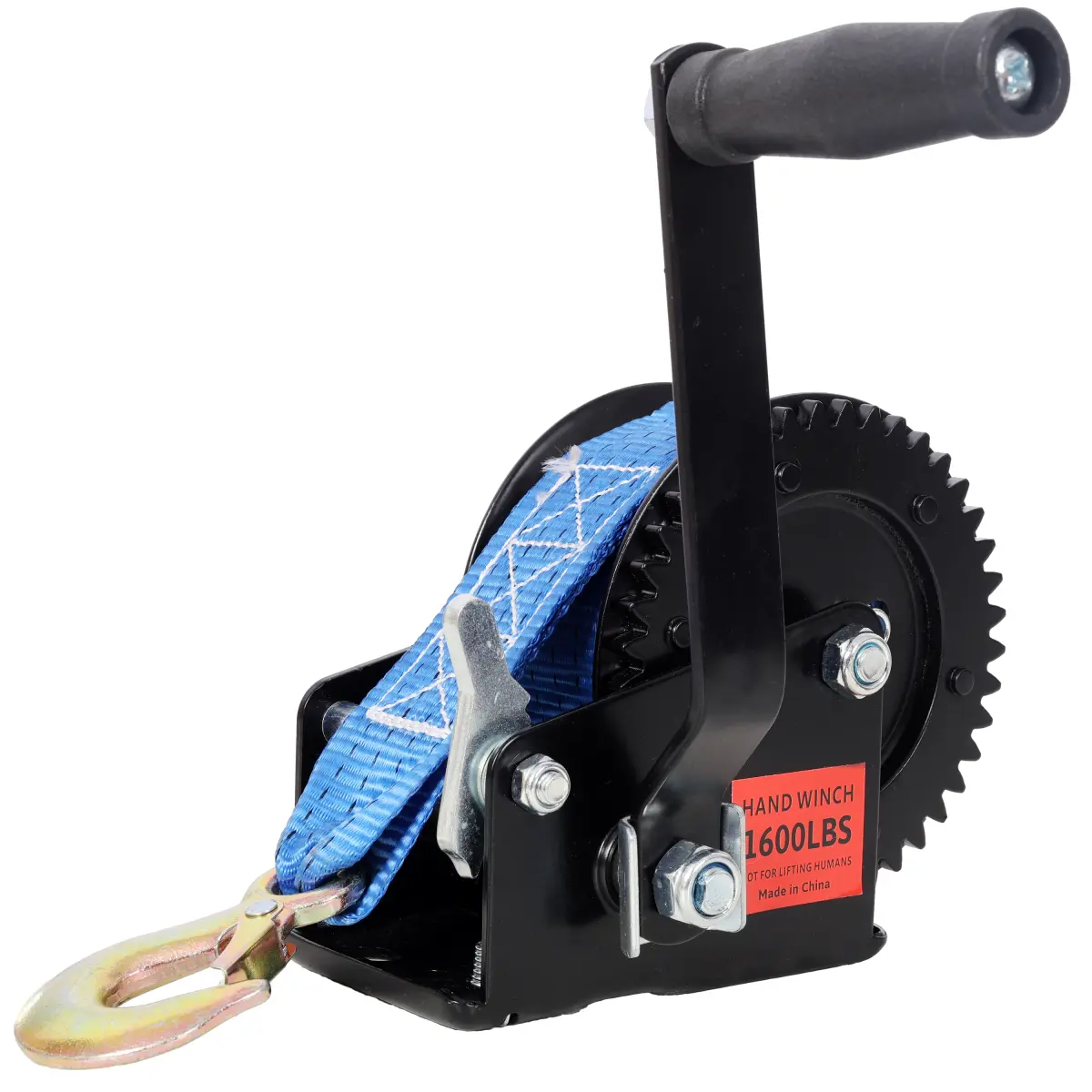 1600LBS Heavy Duty Hand Winch with 26FT Blue Strap 4.1:1 Gear Ratio Two-Way Ratchet Portable Manual Crank for Trailer Boat ATV Towing - Vehicle