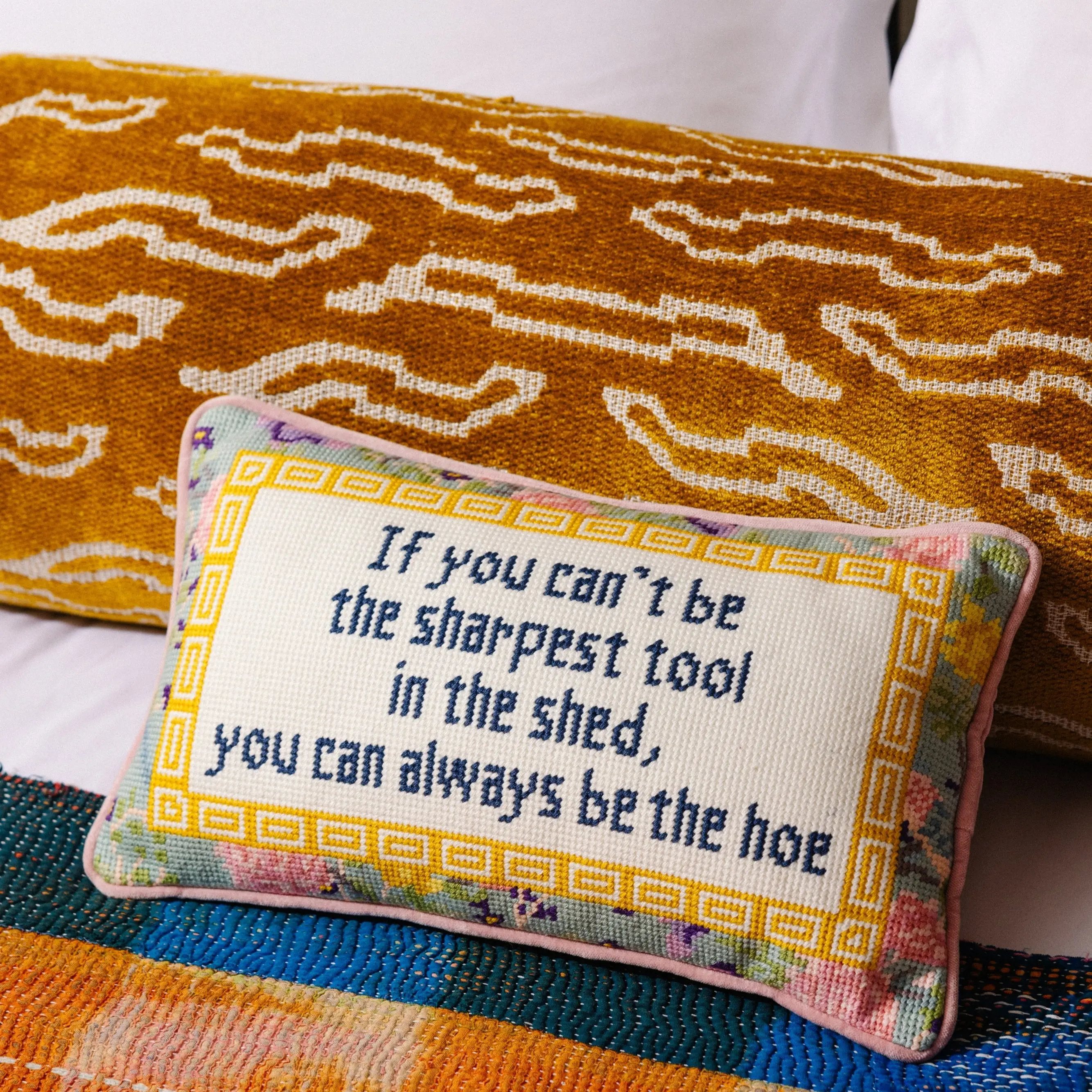 Velvet Embroidery Needlepoint Pillow - Vibrant Southern Charm Accent with Playful Quote for Living Room Decorations, Home Décor Spaces