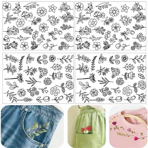 Flowers Leaves Water Soluble Hand Sewing Stabilizers, Floral Embroidery Design, Self adhesive embroidery cloth DIY Fabric Stick and Stitch Embroidery Paper with Pre-Printed Flowers and Leaves Pattern Transfers for Hand Sewing Lover Beginners