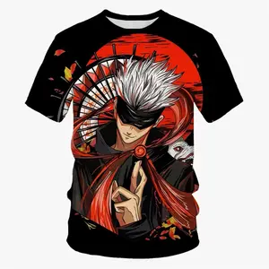 Japanese-Style Anime Graphic Short-Sleeve T-Shirt for Men – Loose, Breathable Crew-Neck Top Featuring Red Sun, Paper Fan, and Maple Leaf Motifs; Versatile Casual Wear Ideal for Anime Conventions.