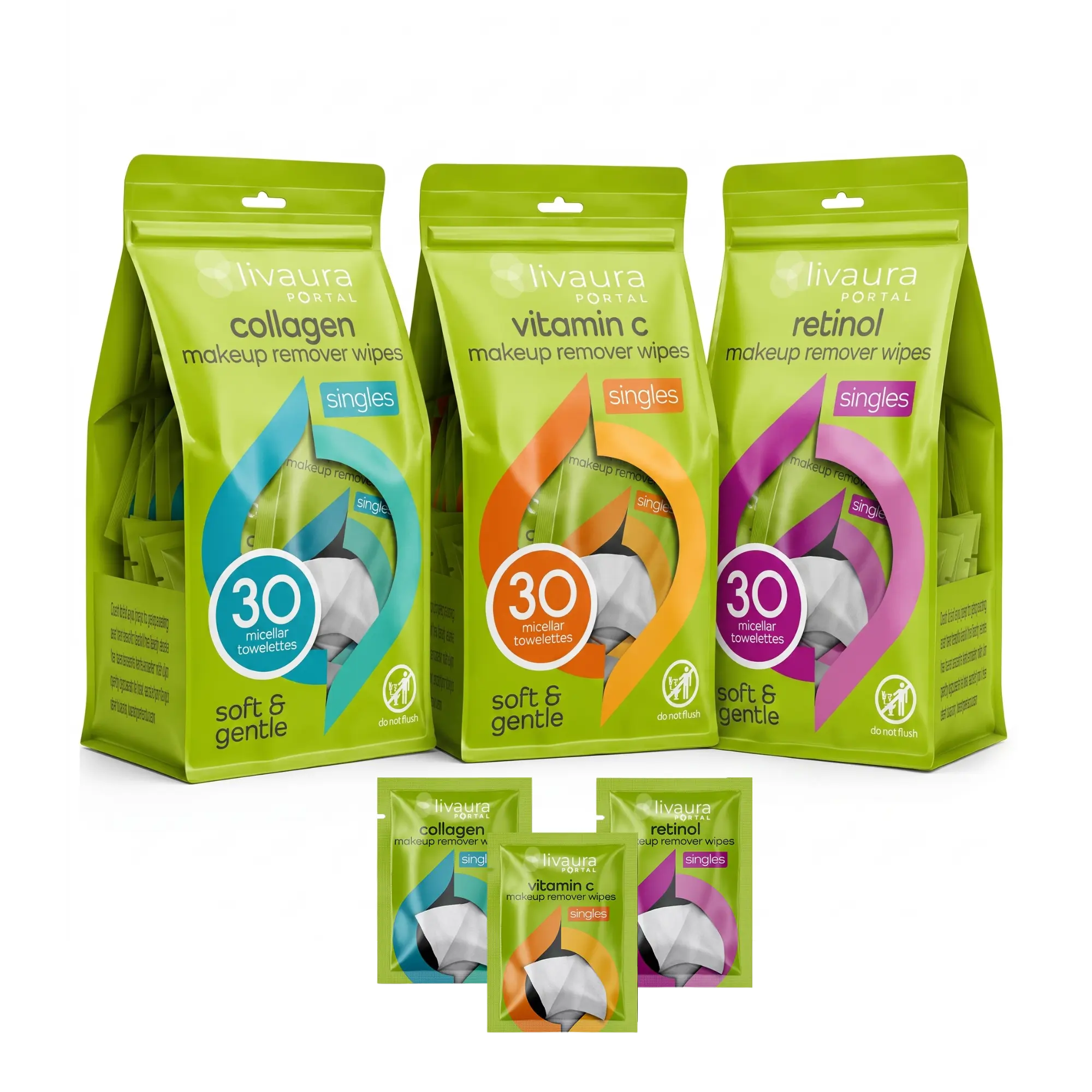 PORTAL BEAUTY 30 Individually Wrapped Makeup Remover Wipes | Vitamin C, Collagen & Retinol Facial Wipes | Brighten, Hydrate & Smooth | Individually Wrapped Travel Wipes for Women