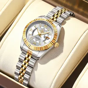 Elegant Women's Luxury Blue Dial Quartz Watch women - Two-Tone Gold Silver Stainless Steel Wristwatch with Date, Sparkling Crystal Markers, Roman Numerals, Stylish Dress Watch for Ladies, Perfect Gift for Wife Girlfriend Mom