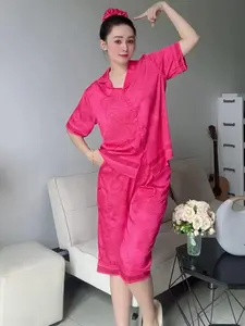 Mulberry Silk Short Sleeve Above the Knee Button Down Pajama Set with Matching Scrunchie for Women Comfortable Loungewear
