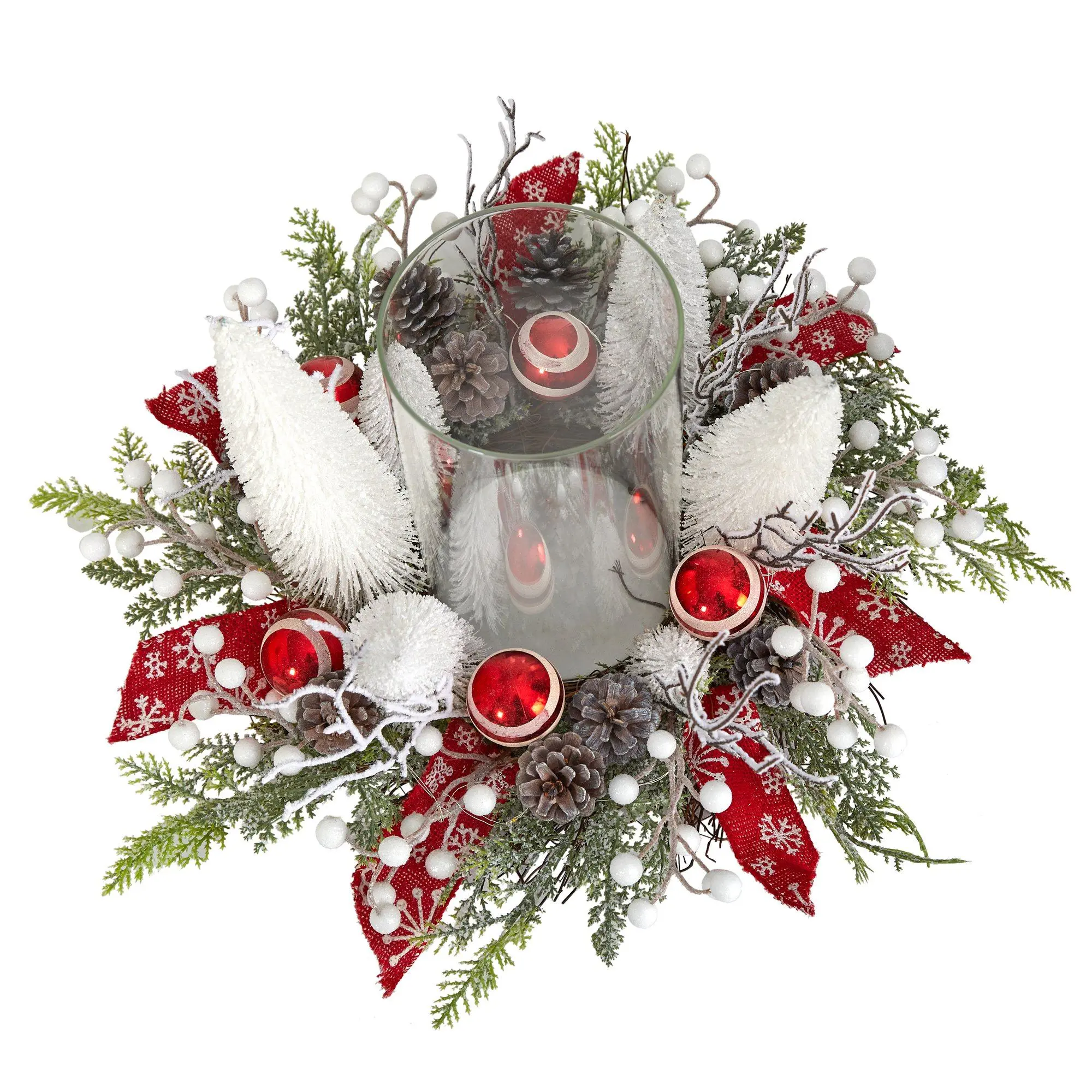 15-in Lighted Forest Mini Candle Holder (Diameter 9.5-in), Christmas Ornaments with Tree & Snow Effect, Cozy Little Christmas Tabletop Artificial Decor, Holiday Festive Home Supply