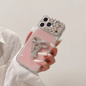 Bow Tie Phone Case with Full Diamond Lens, Candy Color Protective Cover, Anti-Drop Pure Color Protection for iPhone13 14 15 16 17 Pro Plus Pro Max, Girls' Gift