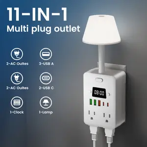 11-in-1 Multifunctional Power Strip with Desk Lamp & Digital Clock, Travel-Friendly Wall Outlet Extender with 4 AC Outlets, 3 USB & 2 USB-C Ports, One-Touch Switch, Overload Protection – Bedside Power Socket for Home, Dorm, Office