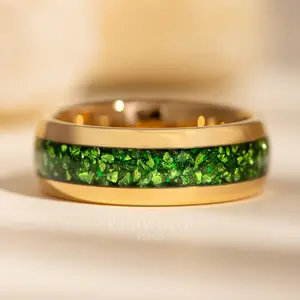 Gold Tungsten Ring With Green Lab-Grown Emerald Inlay - 8MM