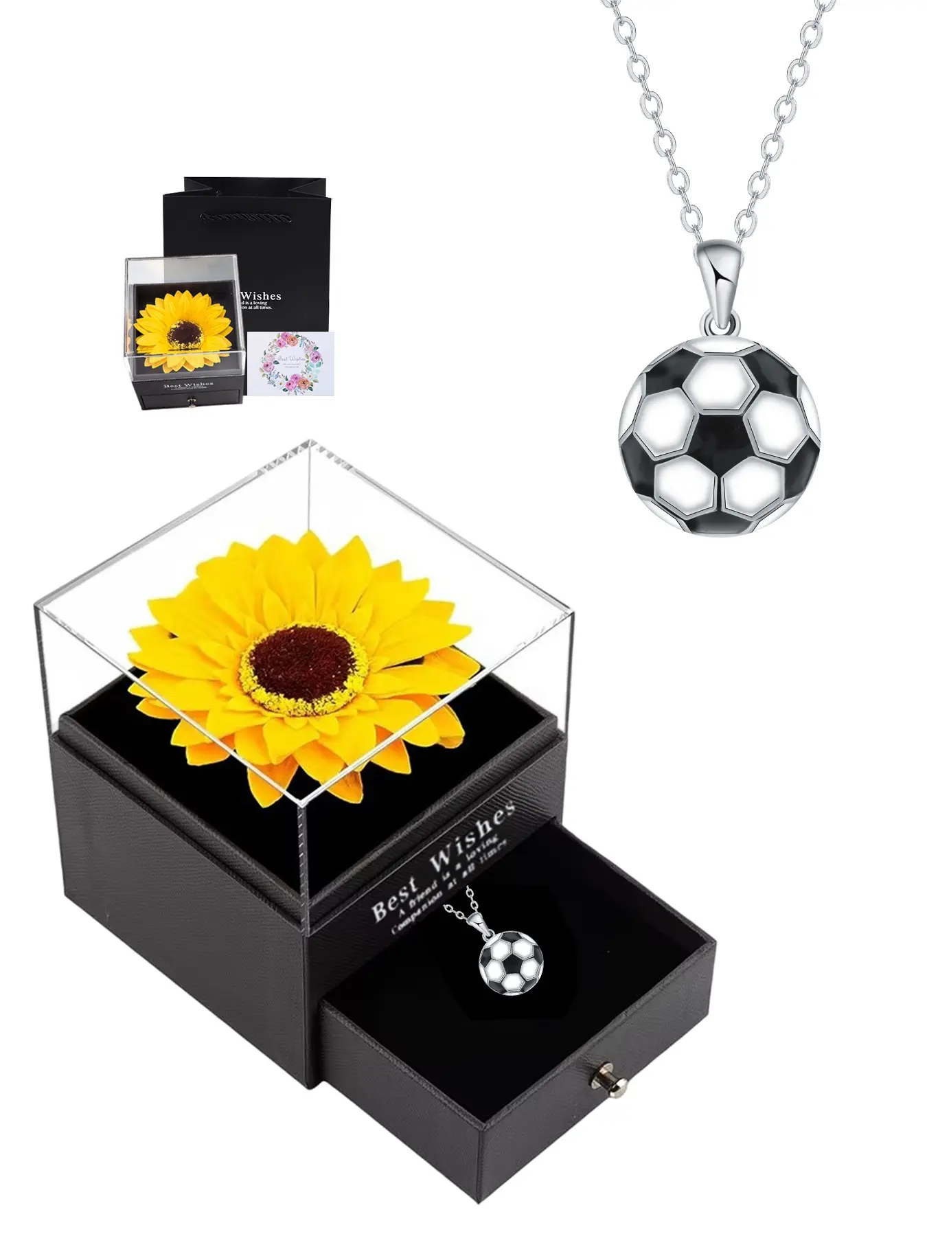 3D Football Necklace With Sunflower Jewelry Gift Box, Soccer Pendant Necklace for Women, Jewelry Gift for Fan Sport Lovers, Sports Players Favors Jewelry