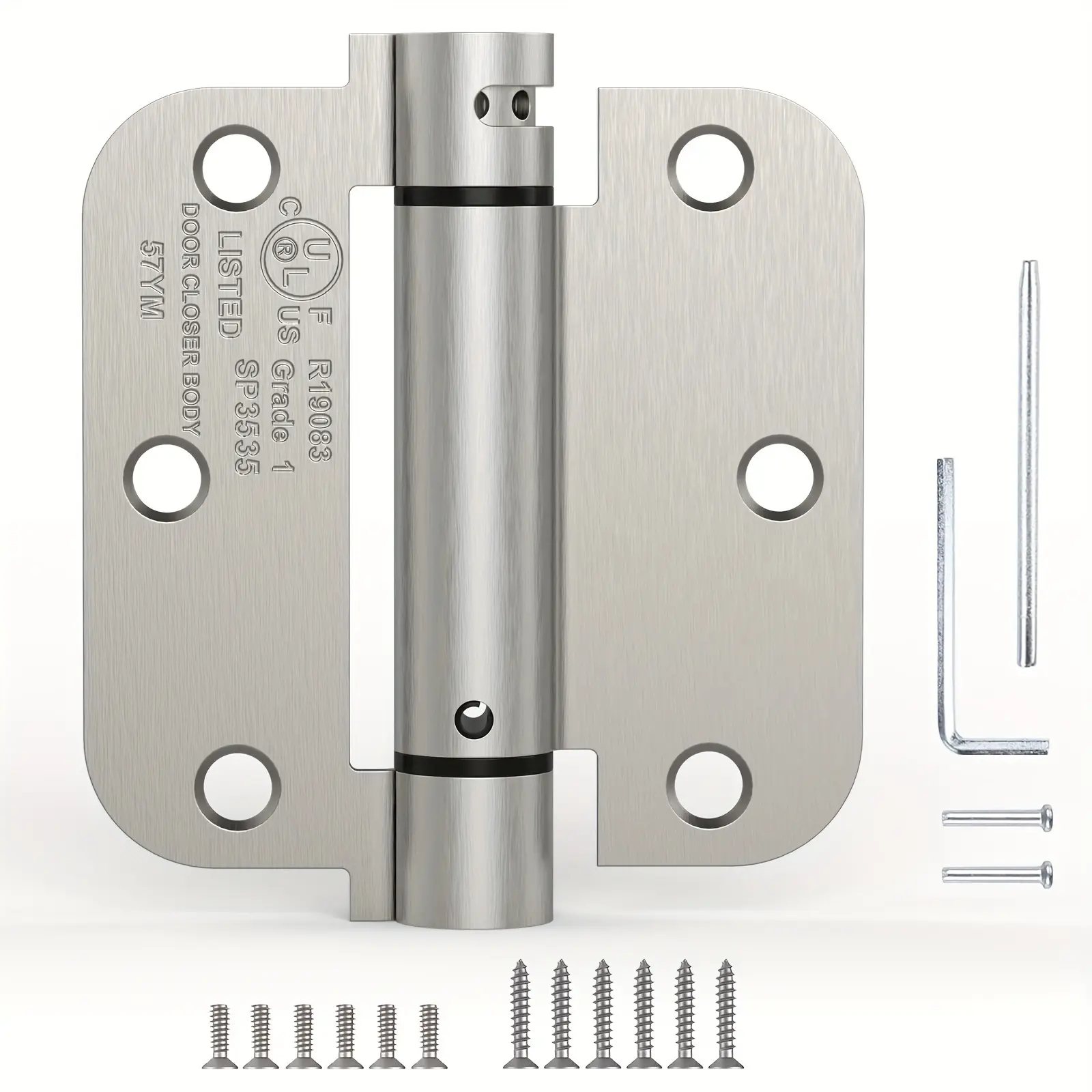 Treasem 3.5" Self Closing Door Hinges, Spring Loaded Door Hinges, Adjustable Tension with 5/8'' Radius Corners, for Garage, Front, Back Doors, Left and Right Hand, UL Listed