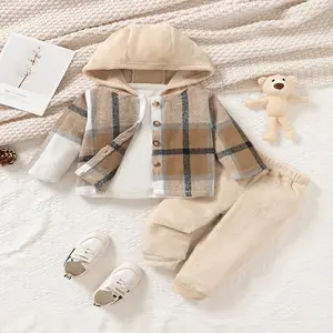 Ready Stock 6m-3y Toddler Boys' Cute Khaki Plaid Print Hooded Jacket Top & Pants Set 2pCS Perfect for SWarm Winter Adventure 42409060