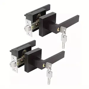 2-Pack Door Handles with Lock and Key, Exterior and Interior Door Handle Set, Modern Entrance Door Lever Handles for Left and Right, Heavy-Duty Door Lock and Door Knob