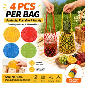 Multi-Use Silicone Storage Bag-SummerVibes-4Pack & Organizer,Multifunctional Mesh Coaster,Foldable Silicone Wine Carrier,Handheld Bottle Mesh Coaster & Drink Holder,Expandable Bottle Tote for Fruit Wine Beverage