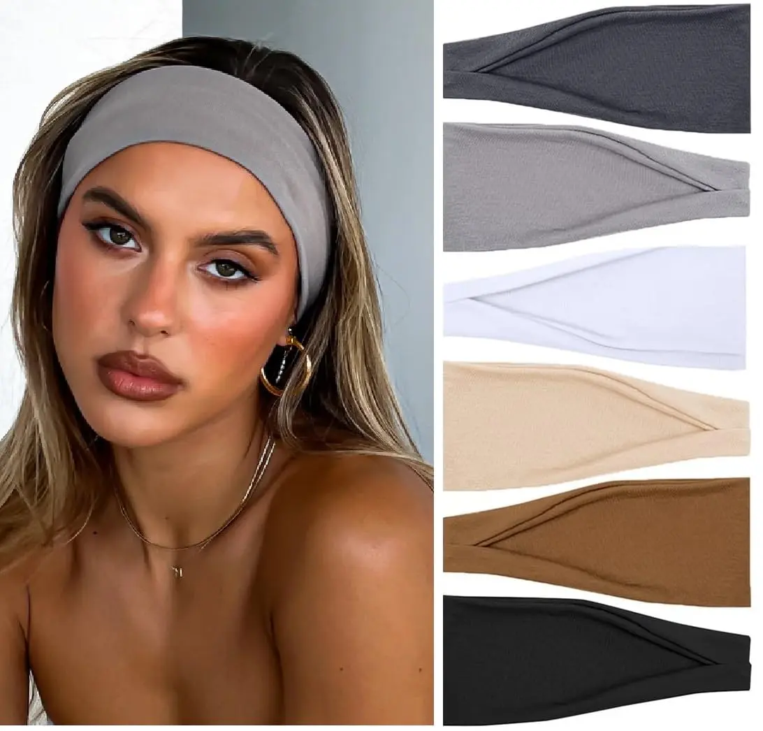 6 Pack Solid Color Sport Headbands, Soft Elastic Fabric Hair Bands, Sweat Wicking Hair Wraps, Stylish Hair Accessories for Women, Ideal for Yoga, Running, Workout & Daily Casual Wear