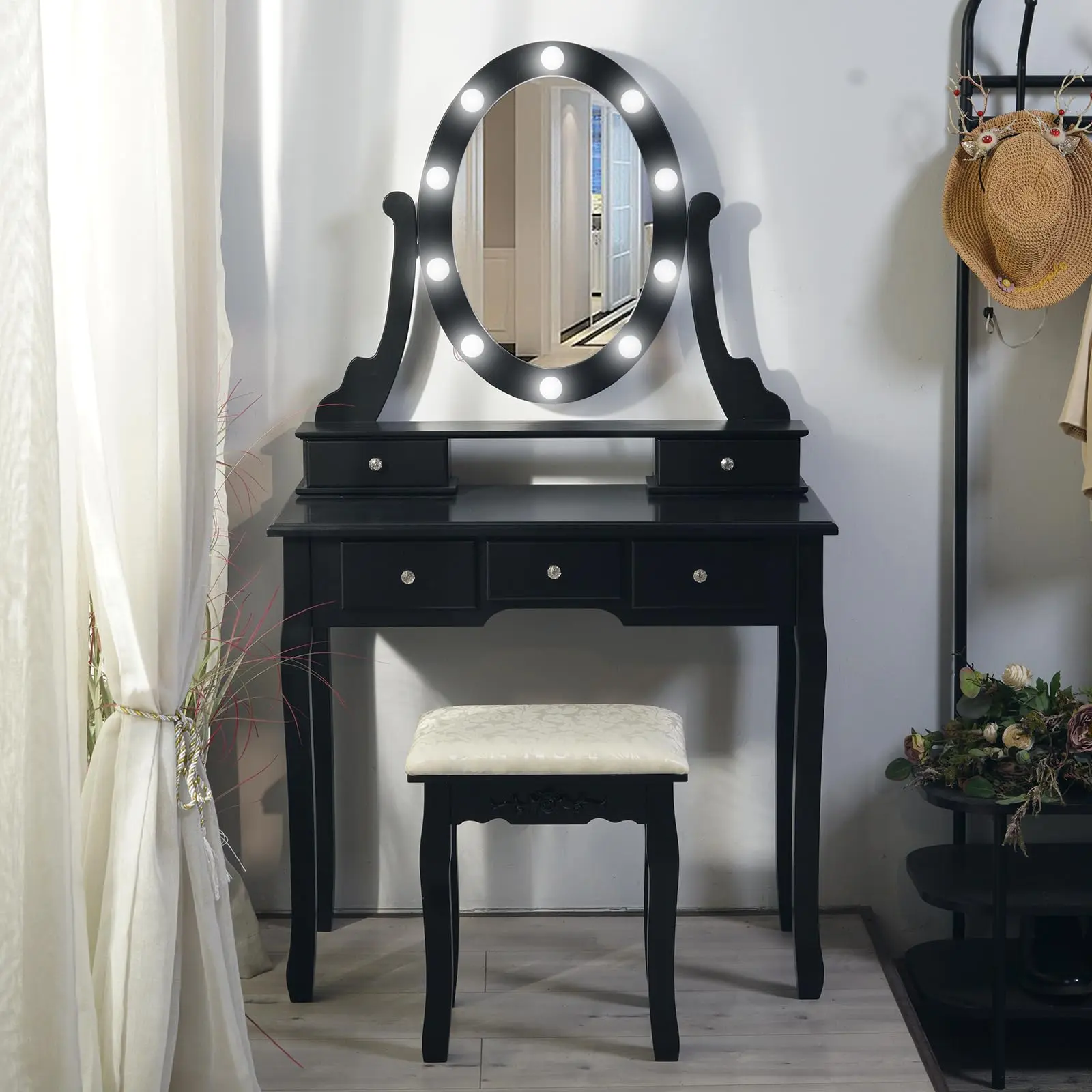 GARVEE Modern GARVEE Vanity Desk with Oval Mirror & Lights, Featuring 3 Color Lighting Modes, Stylish Makeup Dressing Table with 5 Spacious Drawers, Perfect for Women and Teens, Available in Black Color.
