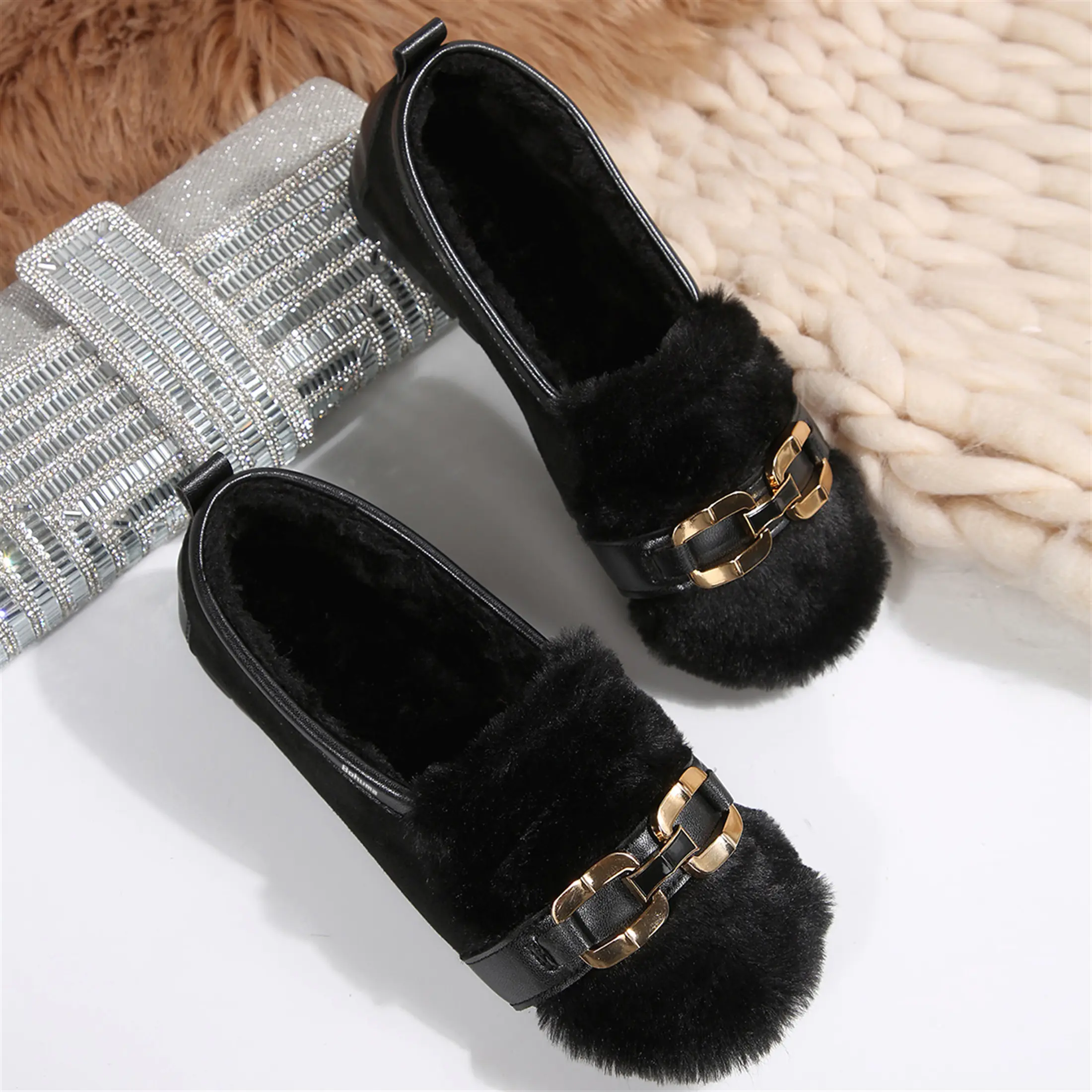 Women's Fuzzy Loafers Metal Buckle Decor Warm Plush Lined Slip-On Indoor Outdoor Shoes