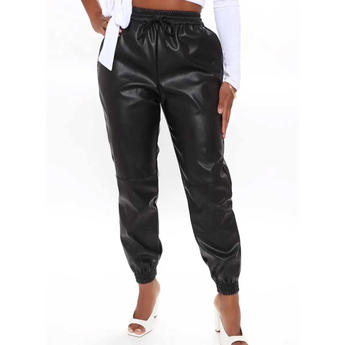 GIGI BLACK LEATHER ELASTICATED WAIST CARGO TROUSER