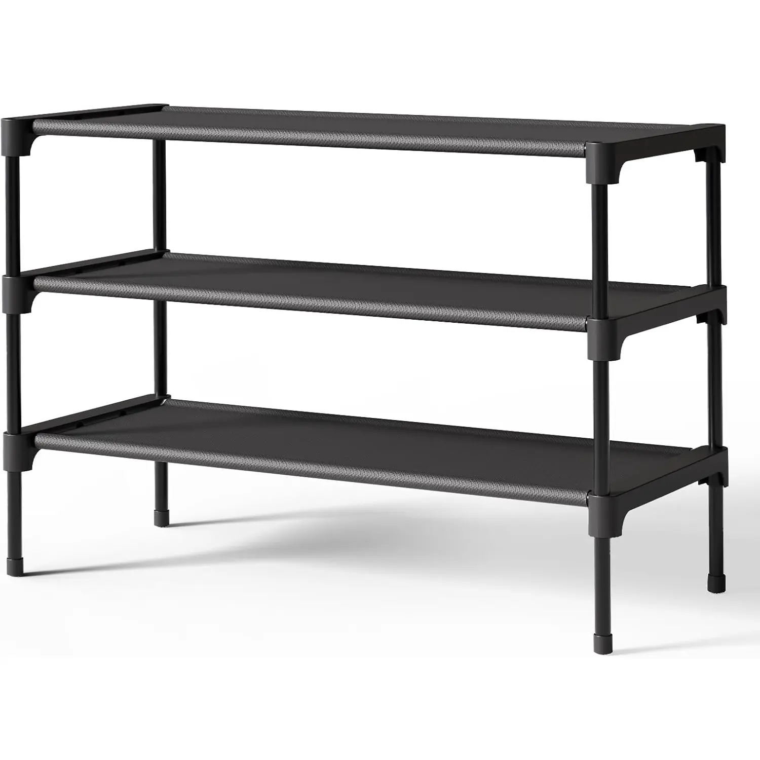 Kitsure 3-Tier Non-Woven Shoe Rack, 27.5" Wide Stackable Shelf Organizer for Closet, Entryway, Black Indoor Furniture Shoe Storage