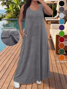 Elegant Plus Size Women's Sleeveless Vest Dress with Pockets, Casual Summer, Available in 10 Colors, Perfect for Vacation and Daily Wear