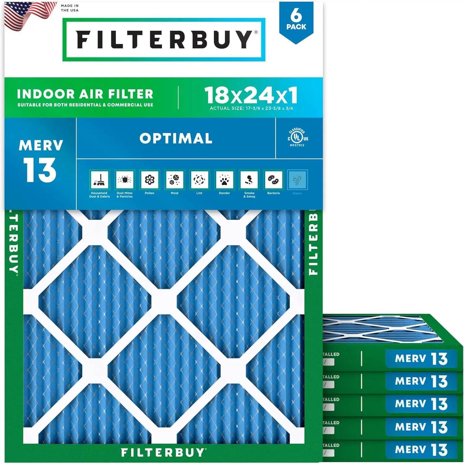 Filterbuy 18x24x1 Air Filter (6-Pack), Pleated MERV 13 Optimal Defense HVAC AC Furnace Air Filters (Actual Size: 17.38 x 23.38 x 0.75 Inches)