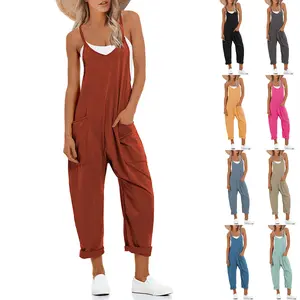 Kingapril Women's Causal Jumpsuits V Neck Sleeveless Harem Overalls Stretchy Adjustable Strap Romper with Pockets in Various Colors