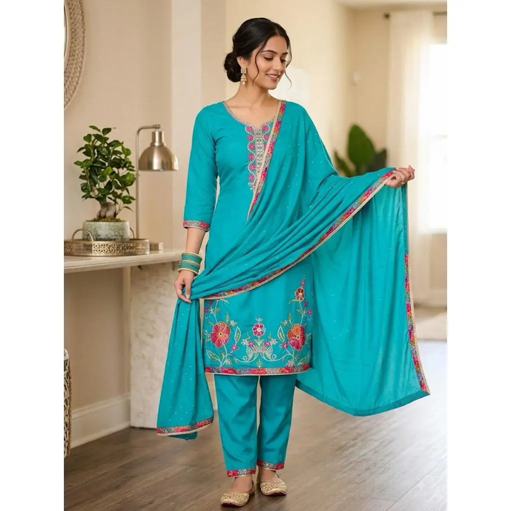 Women's 3-Piece Turquoise Embroidered Kurta Set Floral Ethnic Tunic Top with Matching Pants and Dupatta Scarf Sizes M-XXXL